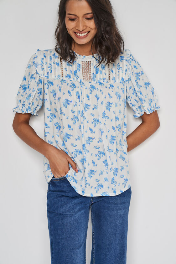 Blue Floral Blouson Top, Blue, image 1